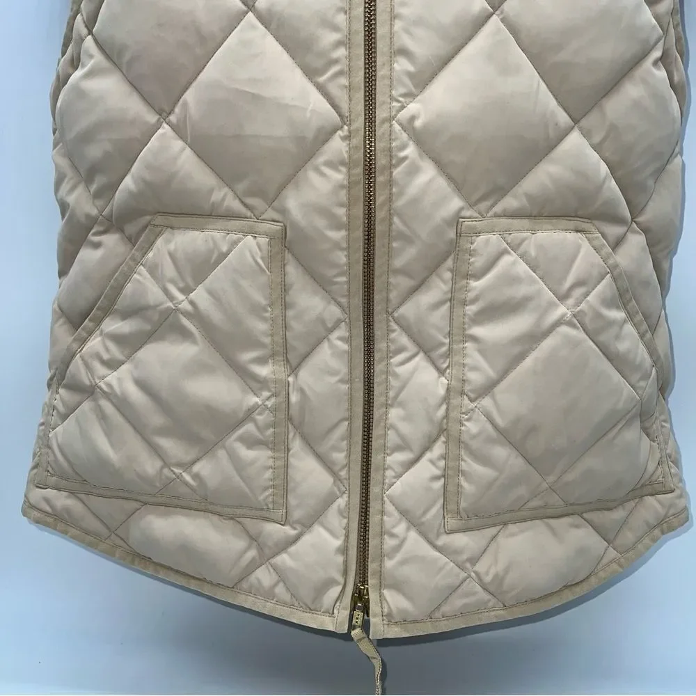 J.Crew Factory Quilted Beige Full Double Zipper Pull Down Puffer Vest-Size Small